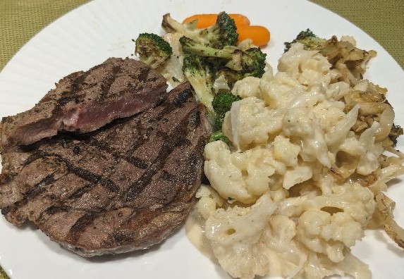 New York Striploin with Cauli Mac and Cheese GF K